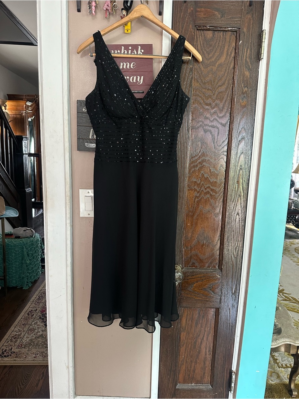 S.L. Fashions Black Beaded V-Neck Midi Cocktail Dress